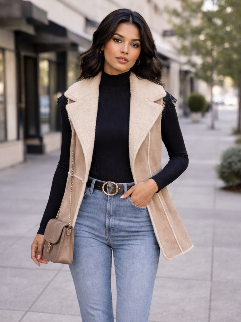 NWT Chico's Cream & Beige Faux-Shearling Hooded Vest